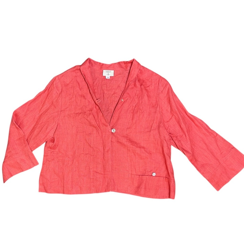 100% Linen Kathleen Sommers Button Up Blouse Coral Shirt Button Size Small Pink